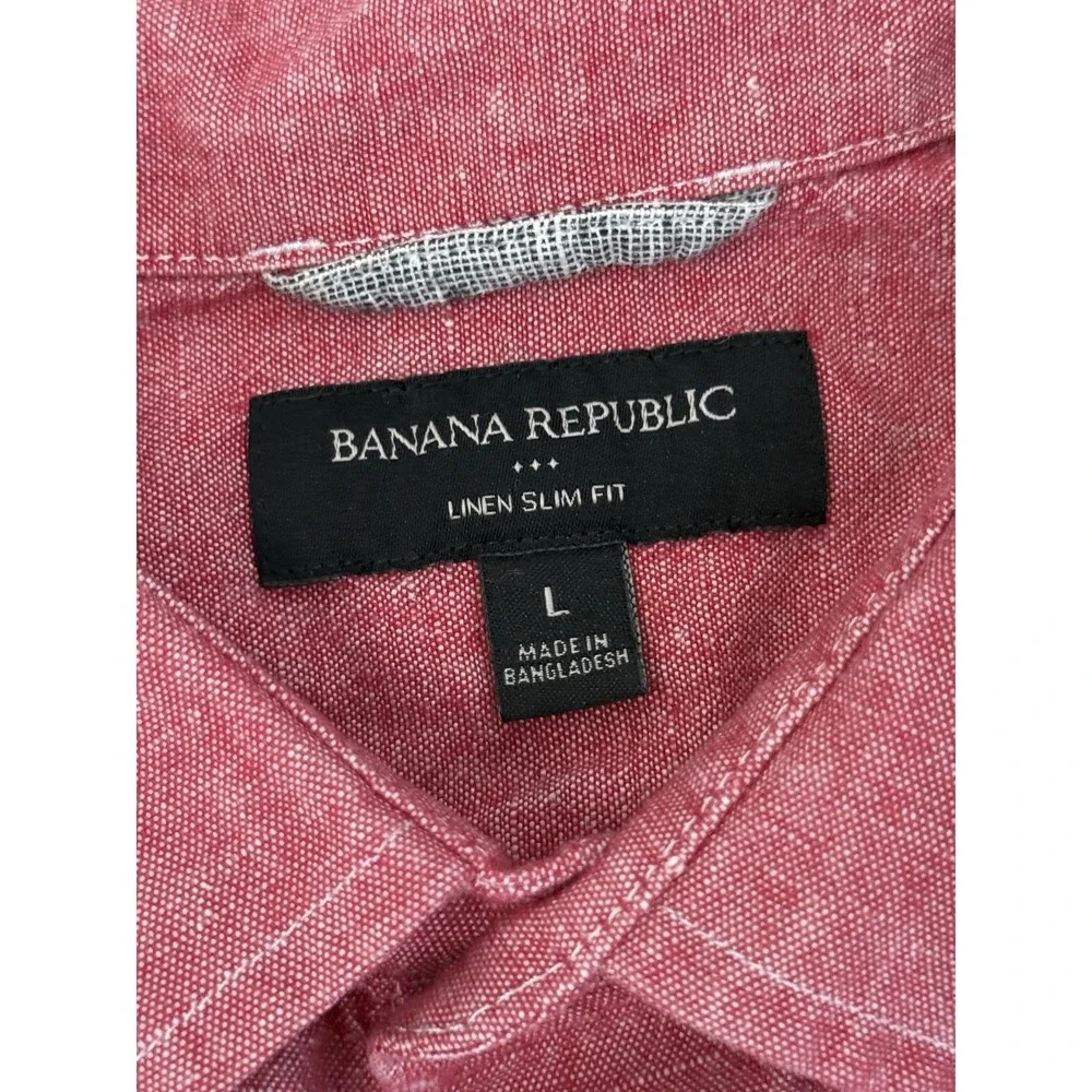 Banana Republic Mens Button Down Red Linen/Cotton Short Sleeve Slim Fit Shirt